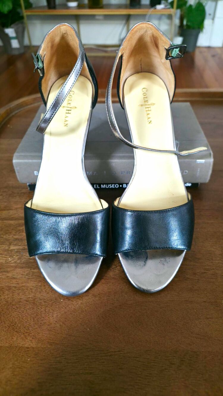 Cole Haan Women’s Black/Silver Leather Open Toe Ankle Strap Wedge Heels Size 7